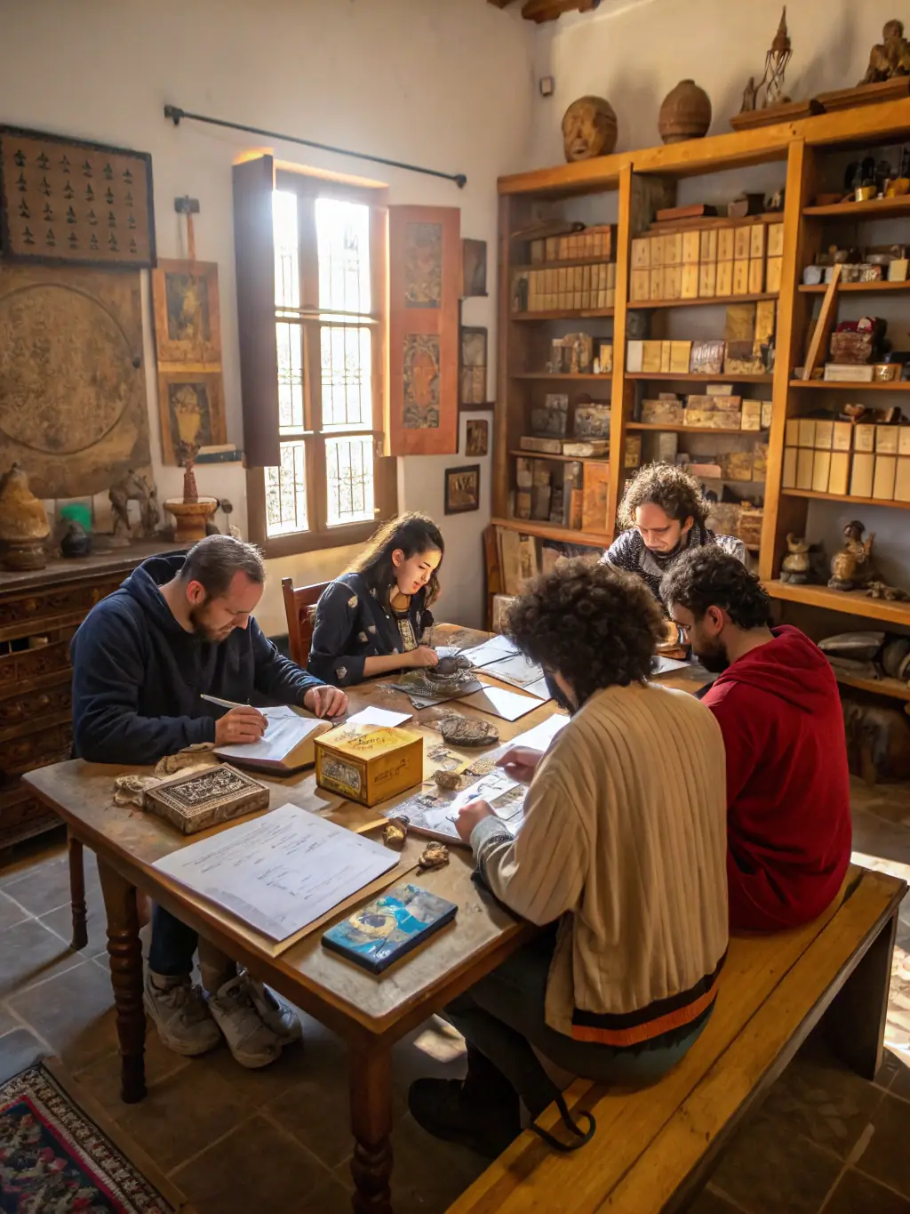 A lively classroom scene with children and adults gathered around historical maps and artifacts, guided by an enthusiastic educator in a heritage center.