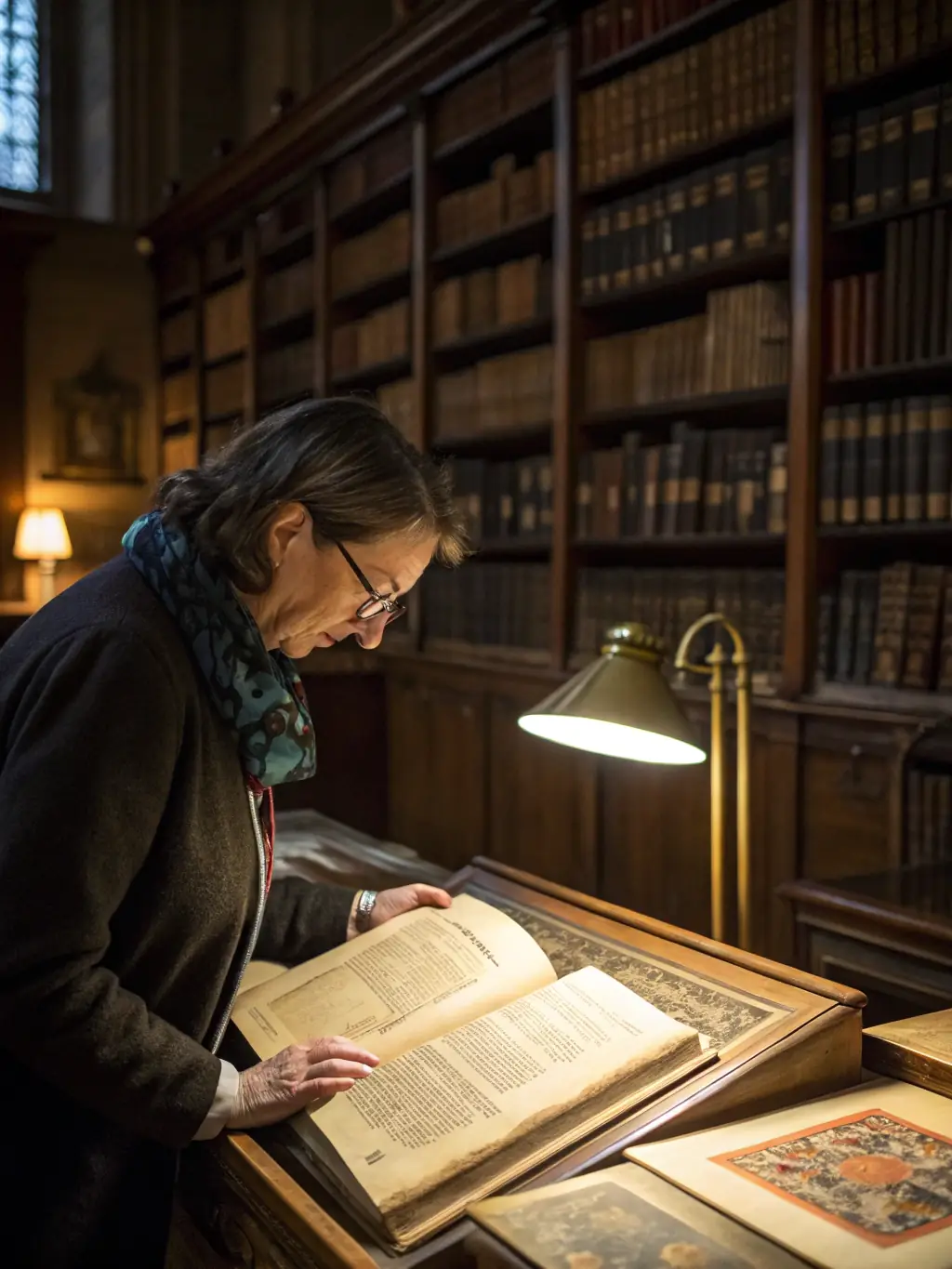 A researcher in a library surrounded by old manuscripts and archival documents, meticulously cataloguing and digitizing historical records for preservation.