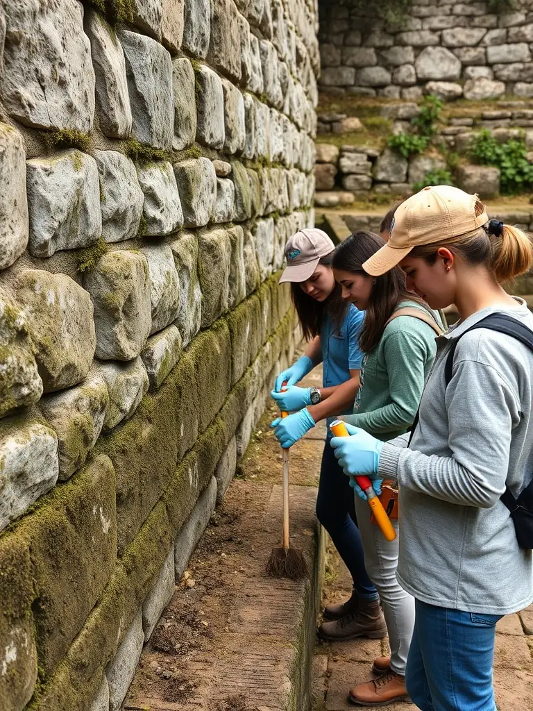 A group of volunteers carefully excavating an ancient stone structure in a rural French landscape, with archaeological tools and labeled artifacts visible, representing local heritage research.