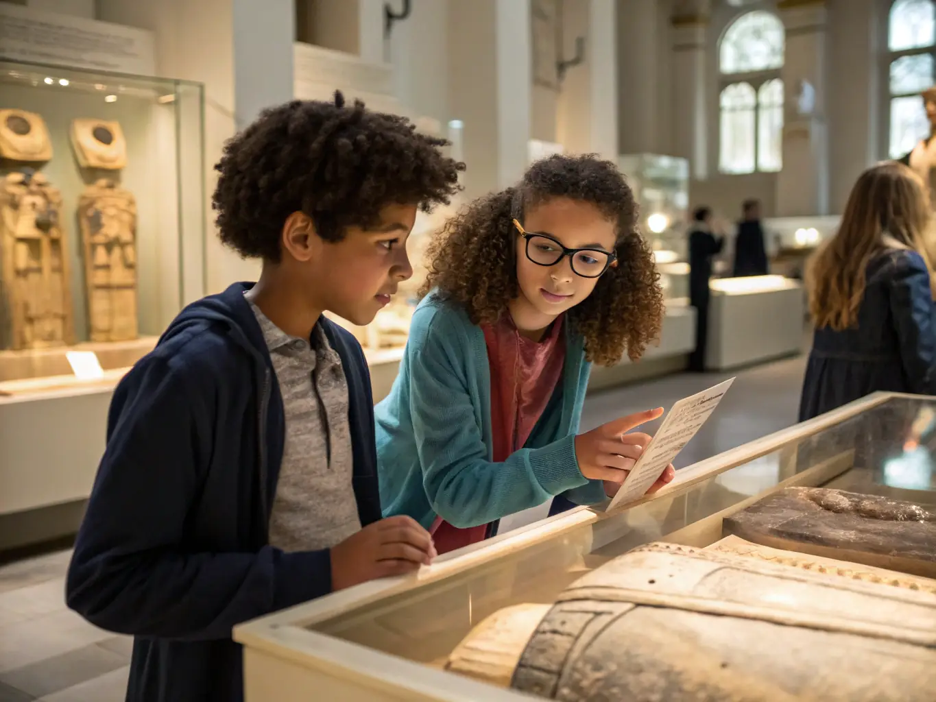 Un groupe d’enfants et d’adultes participant à un atelier éducatif sur l’histoire locale, manipulant des objets anciens et écoutant un intervenant passionné dans une salle lumineuse.