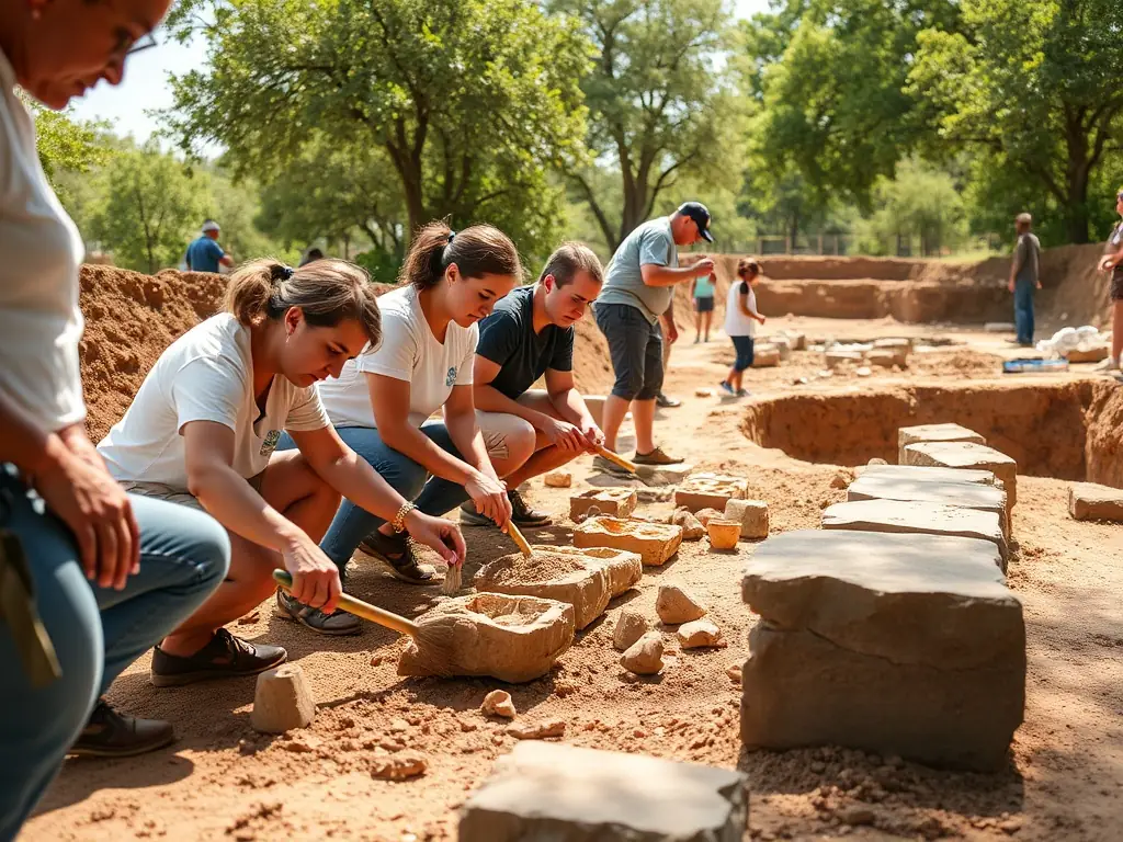 Une équipe de bénévoles en train de fouiller un site archéologique local, entourée d’outils, de plans et d’artefacts, sous un ciel clair, illustrant l’engagement de l’association dans la recherche.