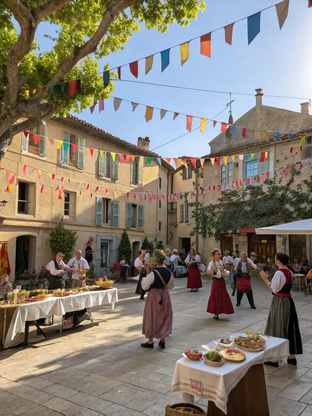A vibrant outdoor festival with traditional costumes, music, and local crafts displayed in front of a medieval church, celebrating regional culture.